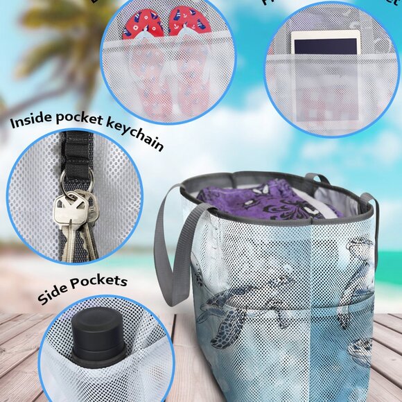 New Extra Large 3 Sea Turtle Scene 7 Pocket Mesh Sand-Proof Beach Bag - Picture 4 of 5